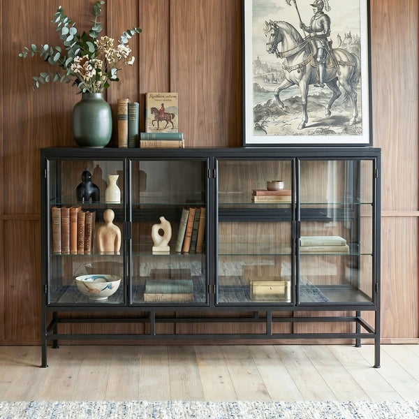 4-Door Display Cabinet with Glass Shelves and Iron Legs