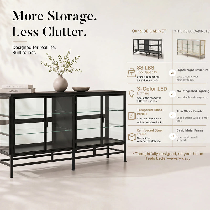 4-Door Display Cabinet with Glass Shelves and Iron Legs