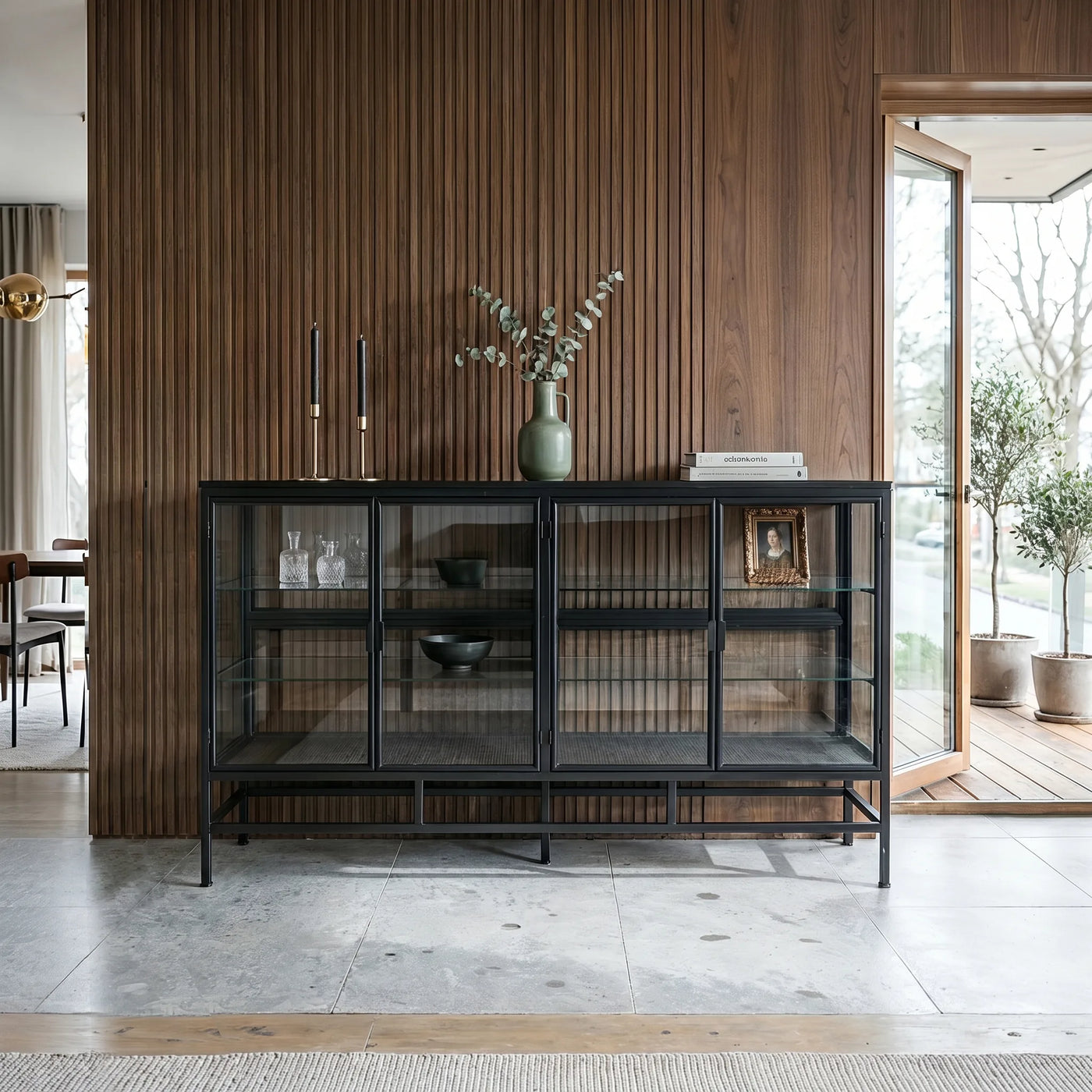 4-Door Display Cabinet with Glass Shelves and Iron Legs