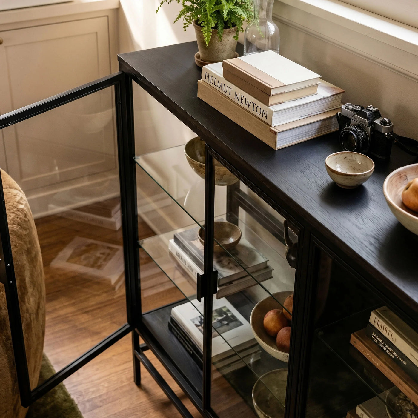 4-Door Display Cabinet with Glass Shelves and Iron Legs