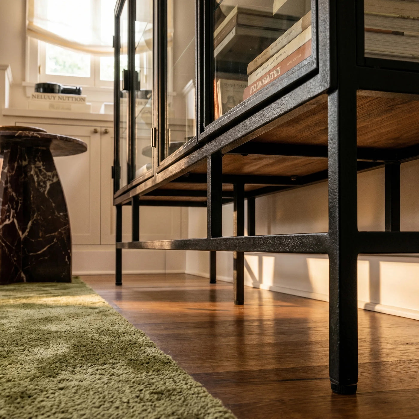 4-Door Display Cabinet with Glass Shelves and Iron Legs