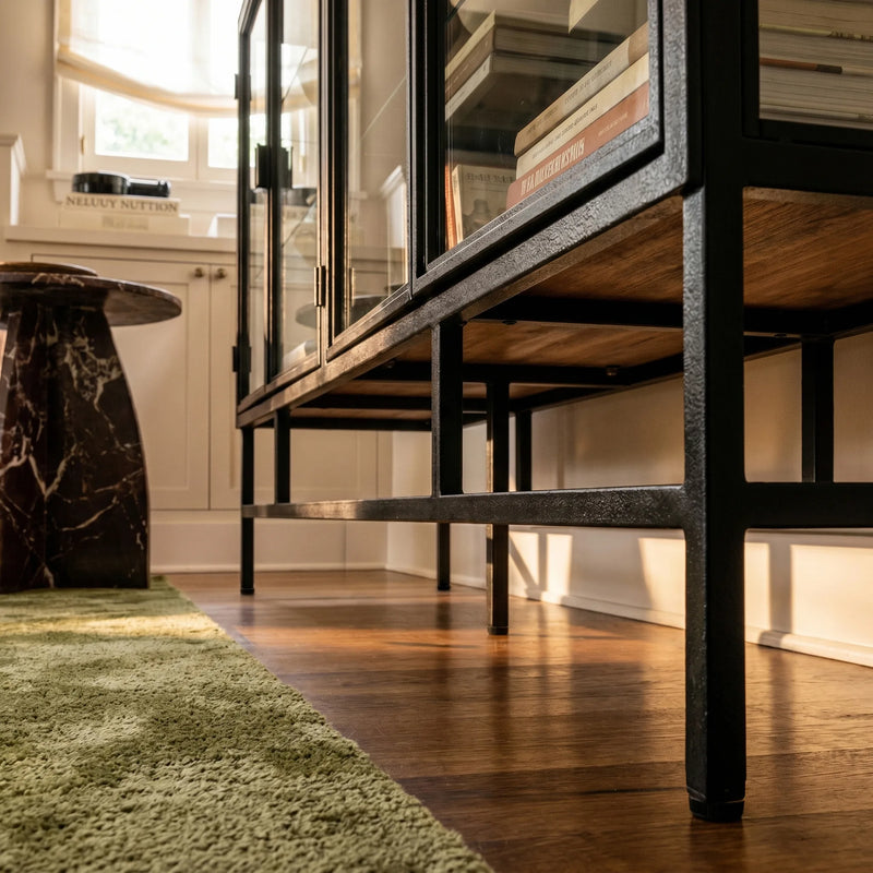 4-Door Display Cabinet with Glass Shelves and Iron Legs