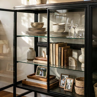 4-Door Display Cabinet with Glass Shelves and Iron Legs