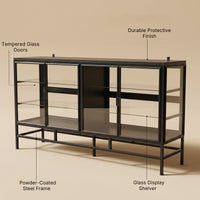 4-Door Display Cabinet with Glass Shelves and Iron Legs