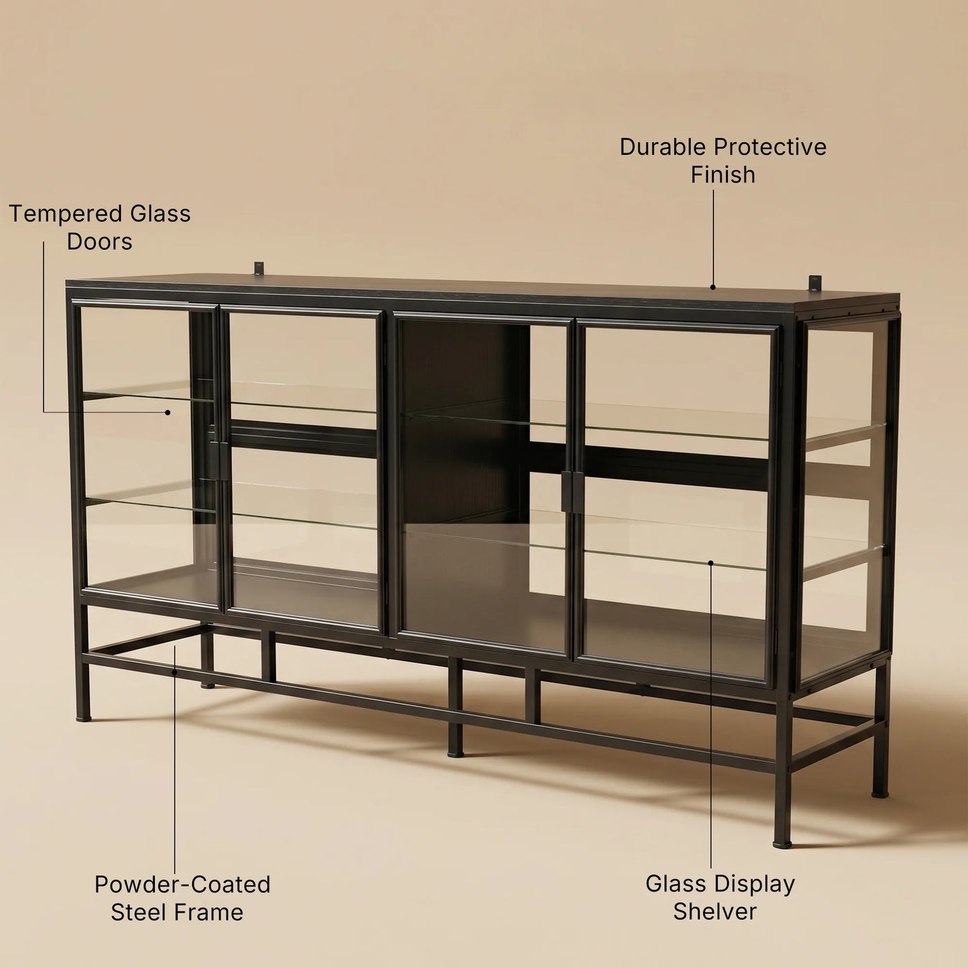 4-Door Display Cabinet with Glass Shelves and Iron Legs