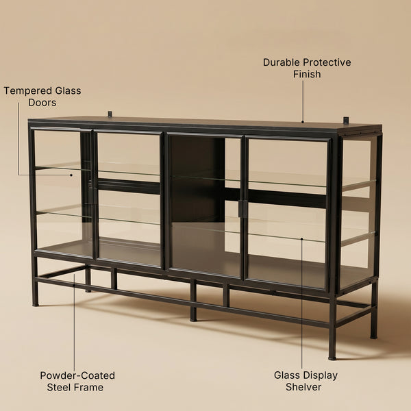 4-Door Display Cabinet with Glass Shelves and Iron Legs