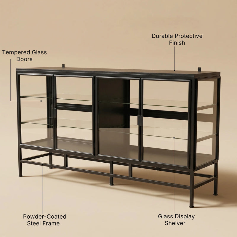 4-Door Display Cabinet with Glass Shelves and Iron Legs