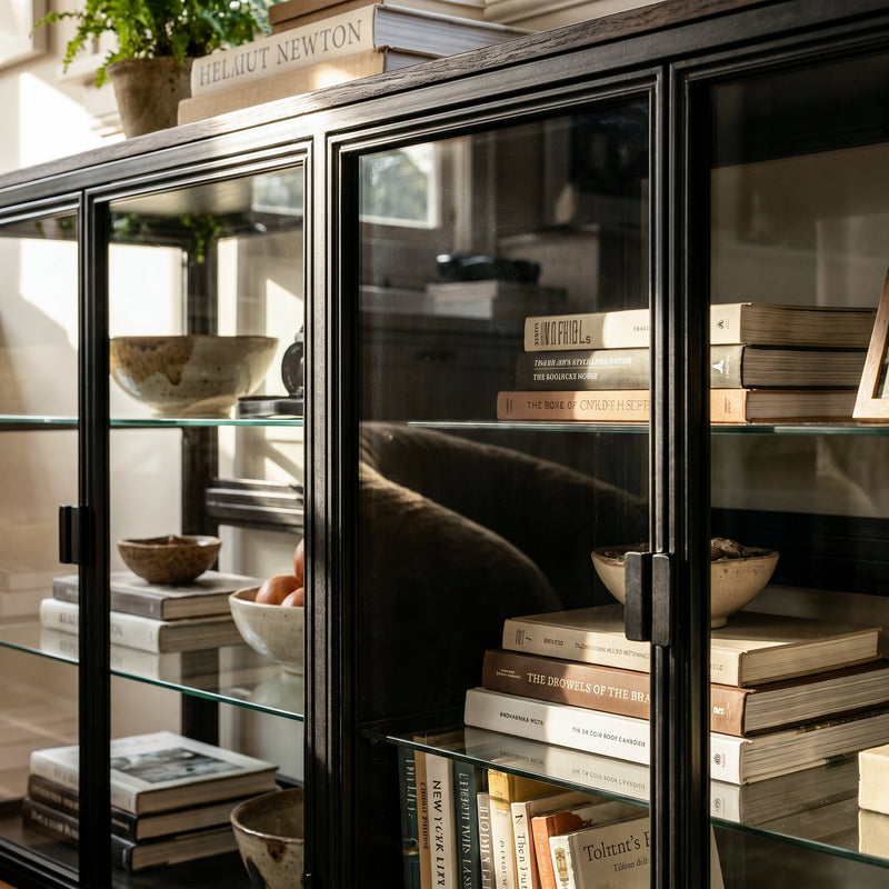 4-Door Display Cabinet with Glass Shelves and Iron Legs