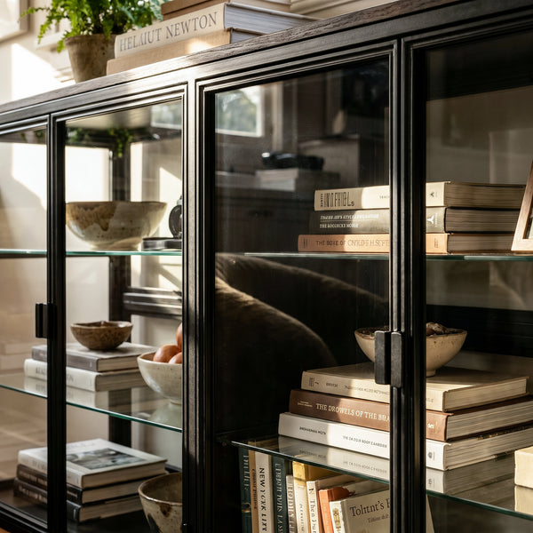 4-Door Display Cabinet with Glass Shelves and Iron Legs