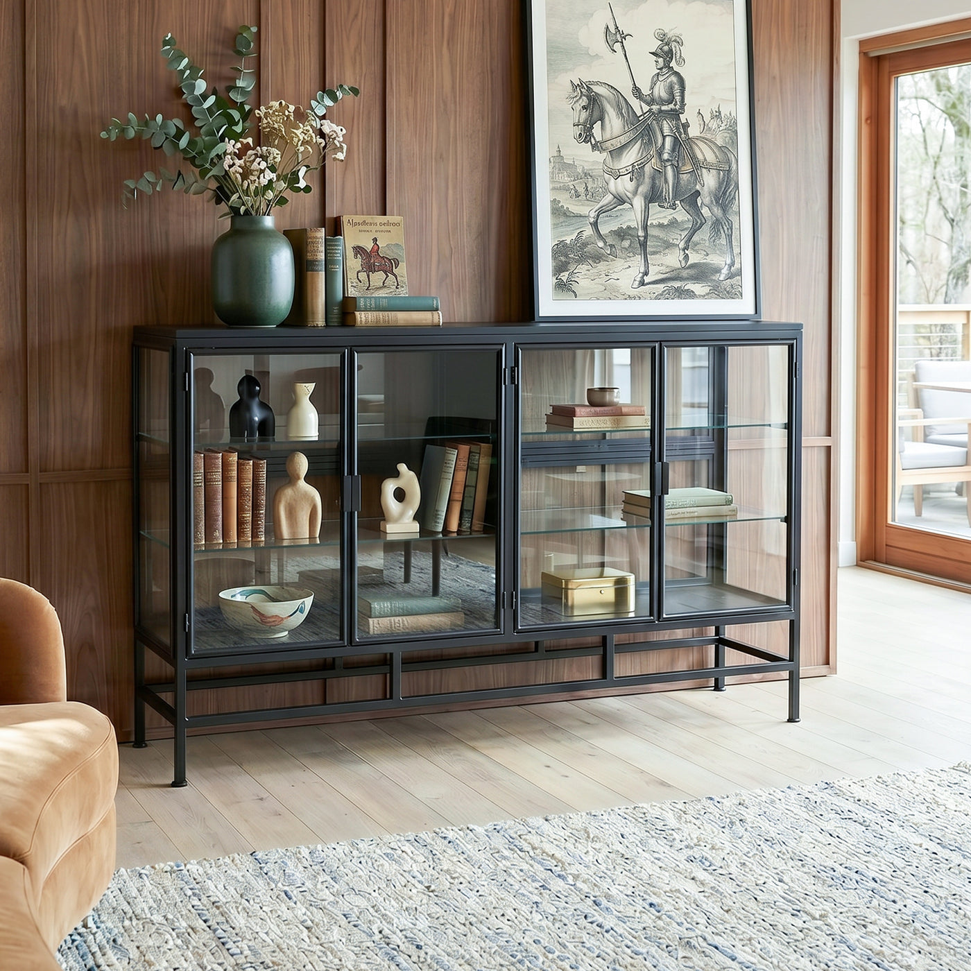 4-Door Display Cabinet with Glass Shelves and Iron Legs