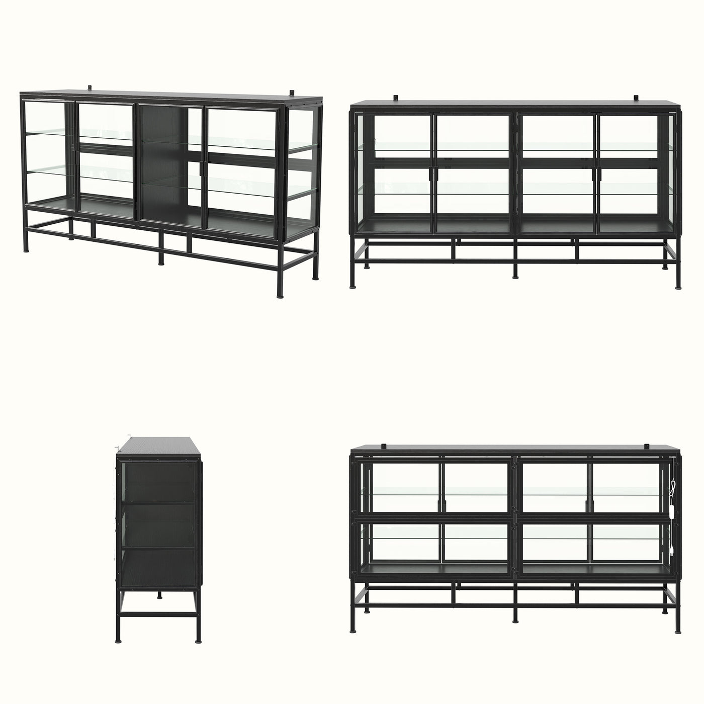 4-Door Display Cabinet with Glass Shelves and Iron Legs