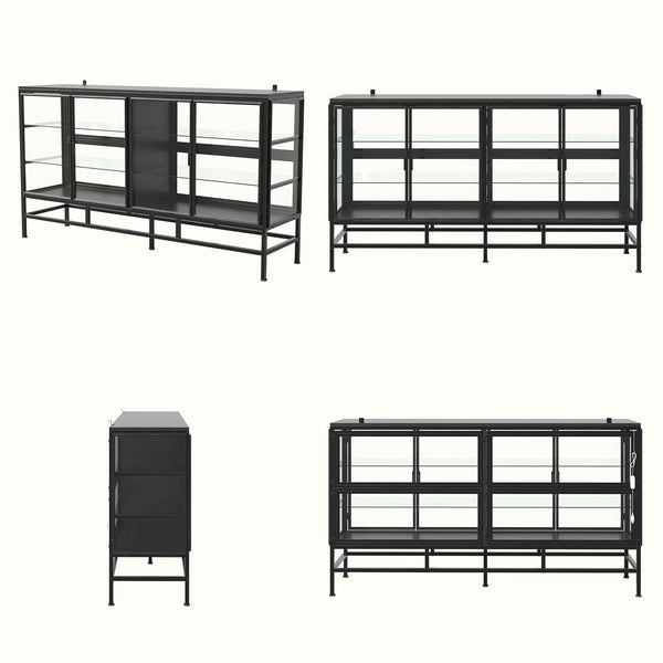 4-Door Display Cabinet with Glass Shelves and Iron Legs