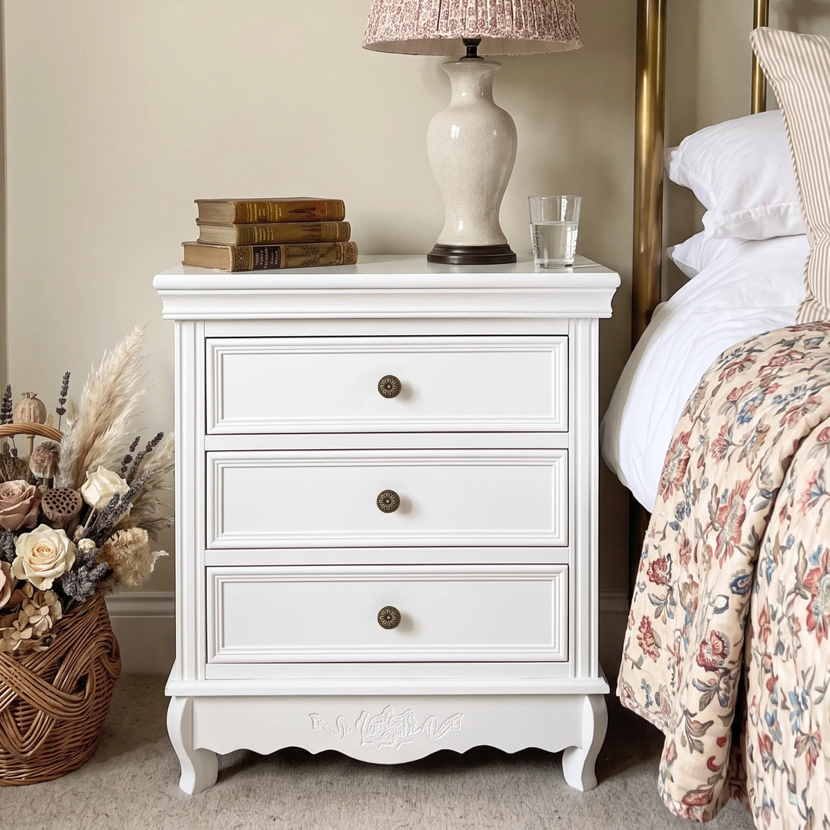 White Classic 3-Drawer Nightstand with Metal Handles, Set of 2