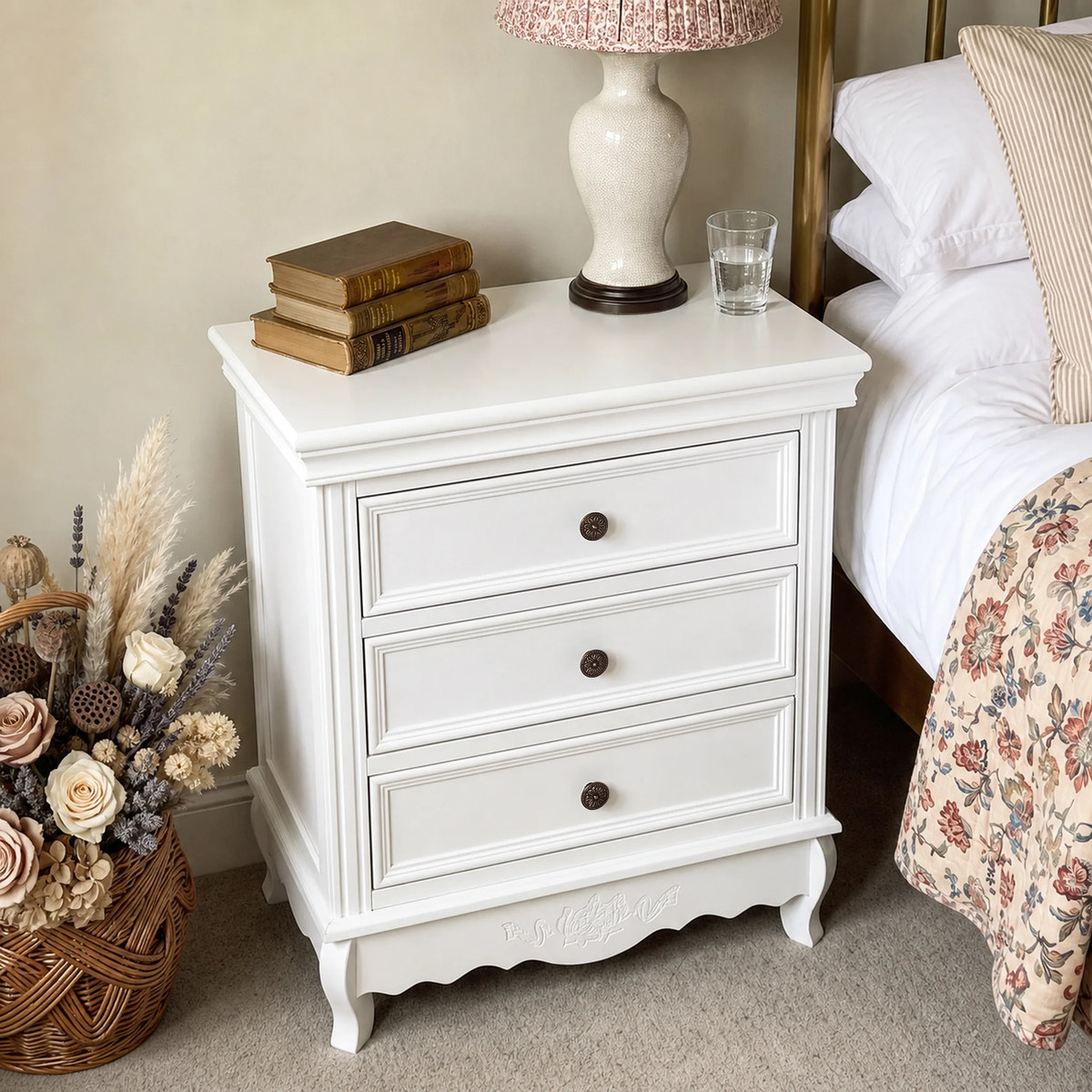 White Classic 3-Drawer Nightstand with Metal Handles, Set of 2
