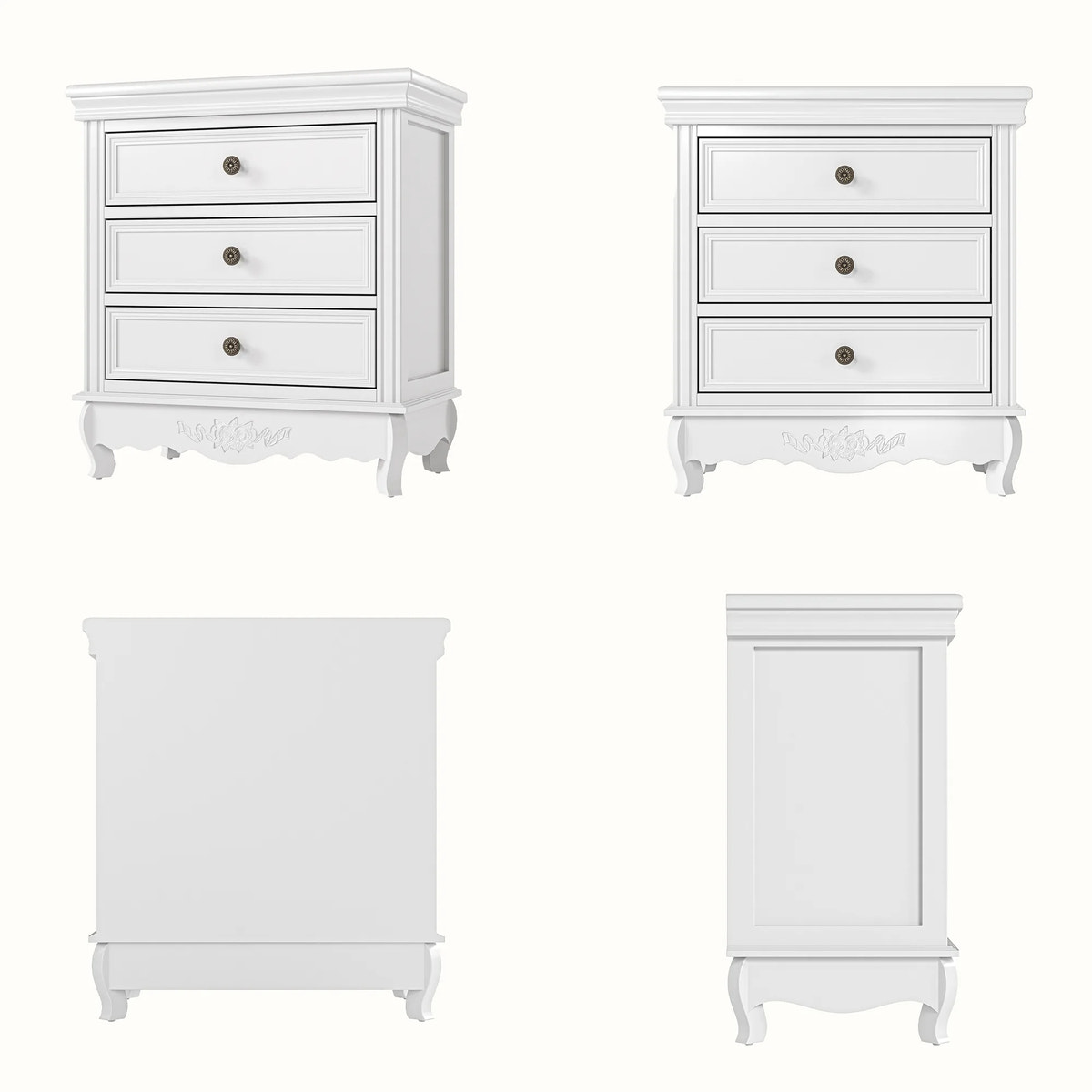 White Classic 3-Drawer Nightstand with Metal Handles, Set of 2