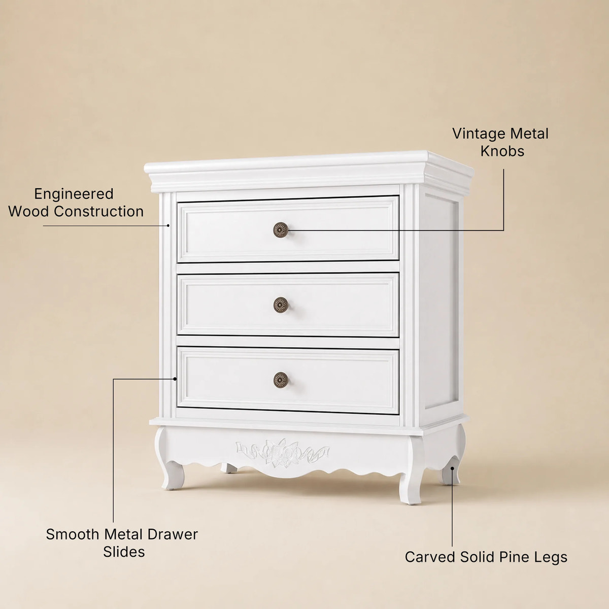 White Classic 3-Drawer Nightstand with Metal Handles, Set of 2