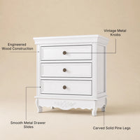 White Classic 3-Drawer Nightstand with Metal Handles, Set of 2