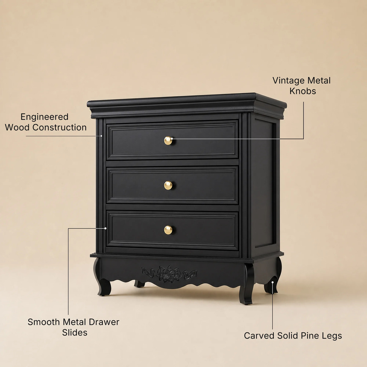 Black Classic 3-Drawer Nightstand with Metal Handles, Set of 2