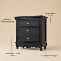 Black Classic 3-Drawer Nightstand with Metal Handles, Set of 2