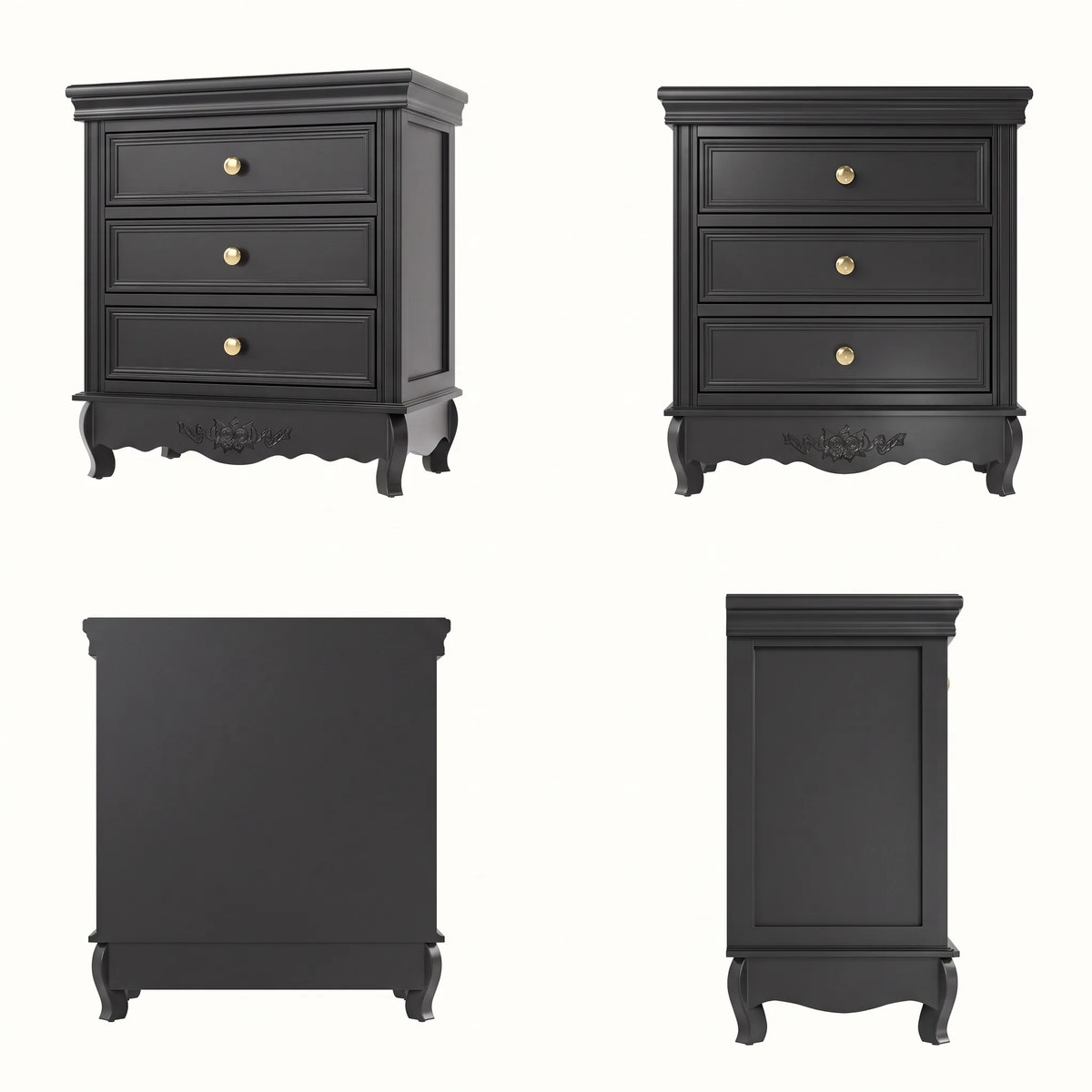 Black Classic 3-Drawer Nightstand with Metal Handles, Set of 2