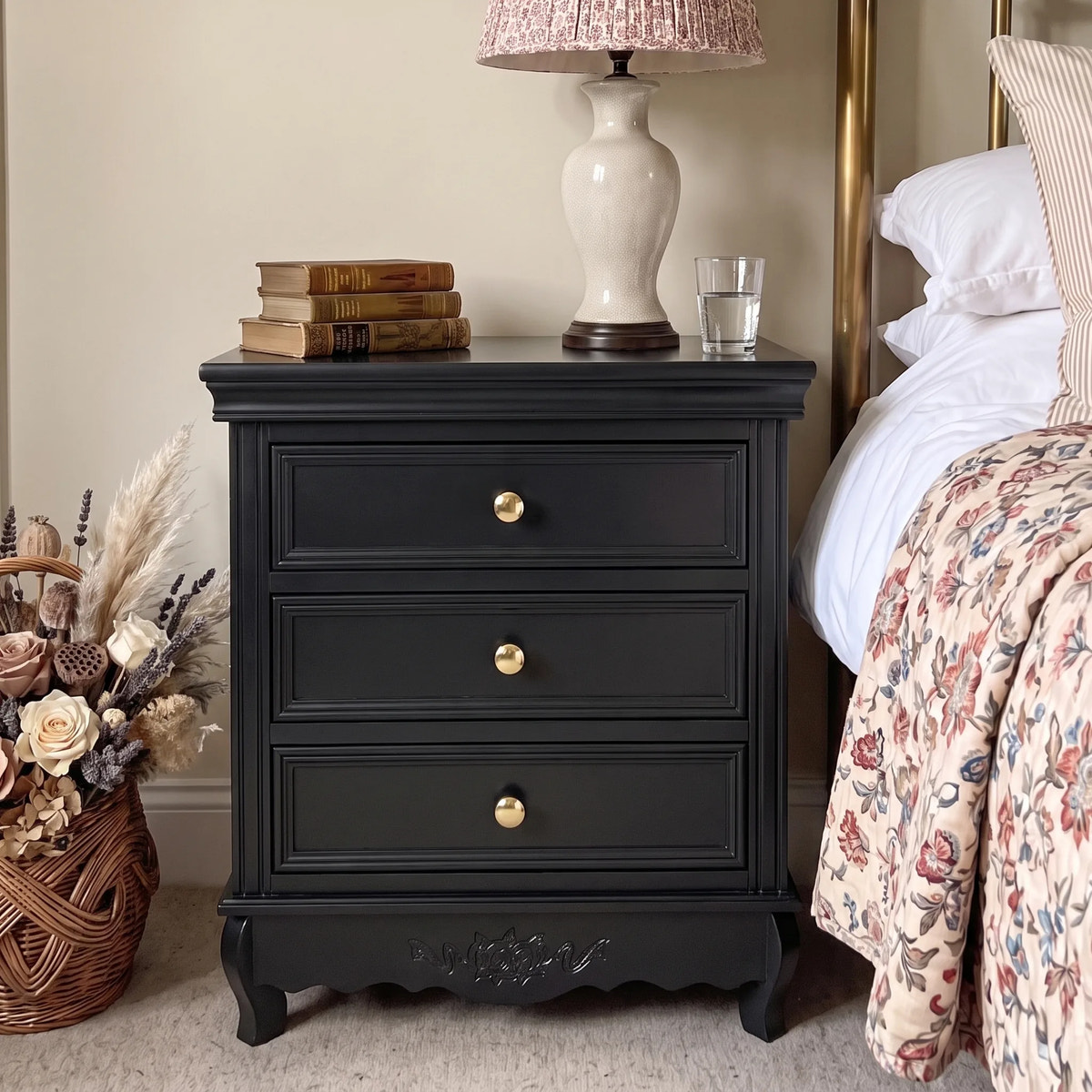 Black Classic 3-Drawer Nightstand with Metal Handles, Set of 2
