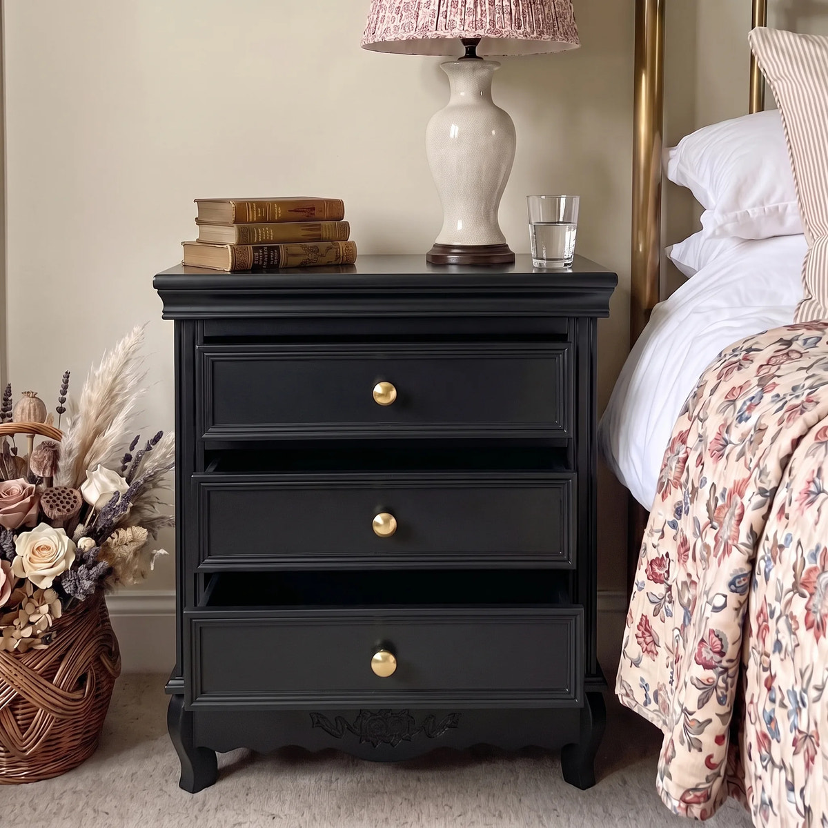 Black Classic 3-Drawer Nightstand with Metal Handles, Set of 2
