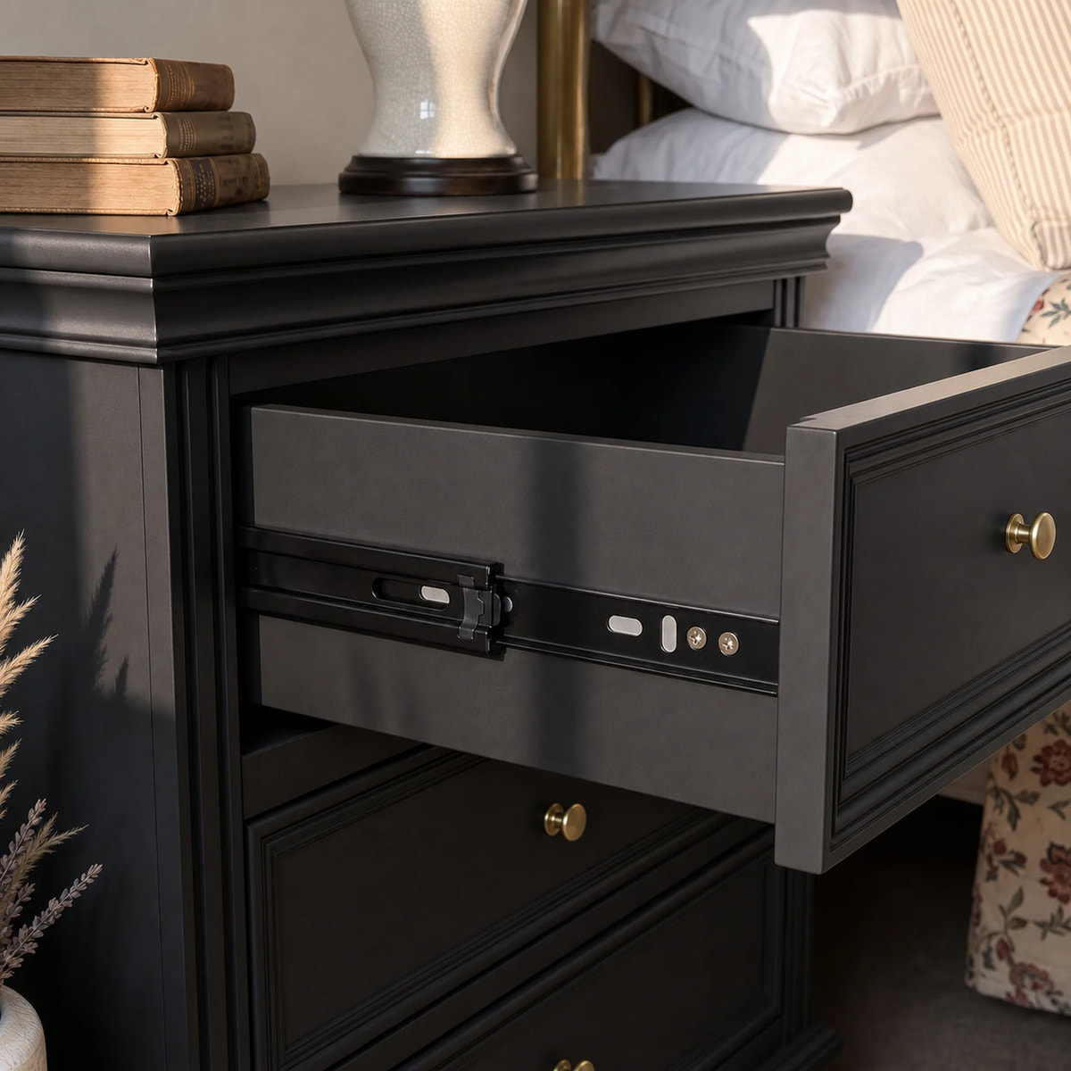 Black Classic 3-Drawer Nightstand with Metal Handles, Set of 2