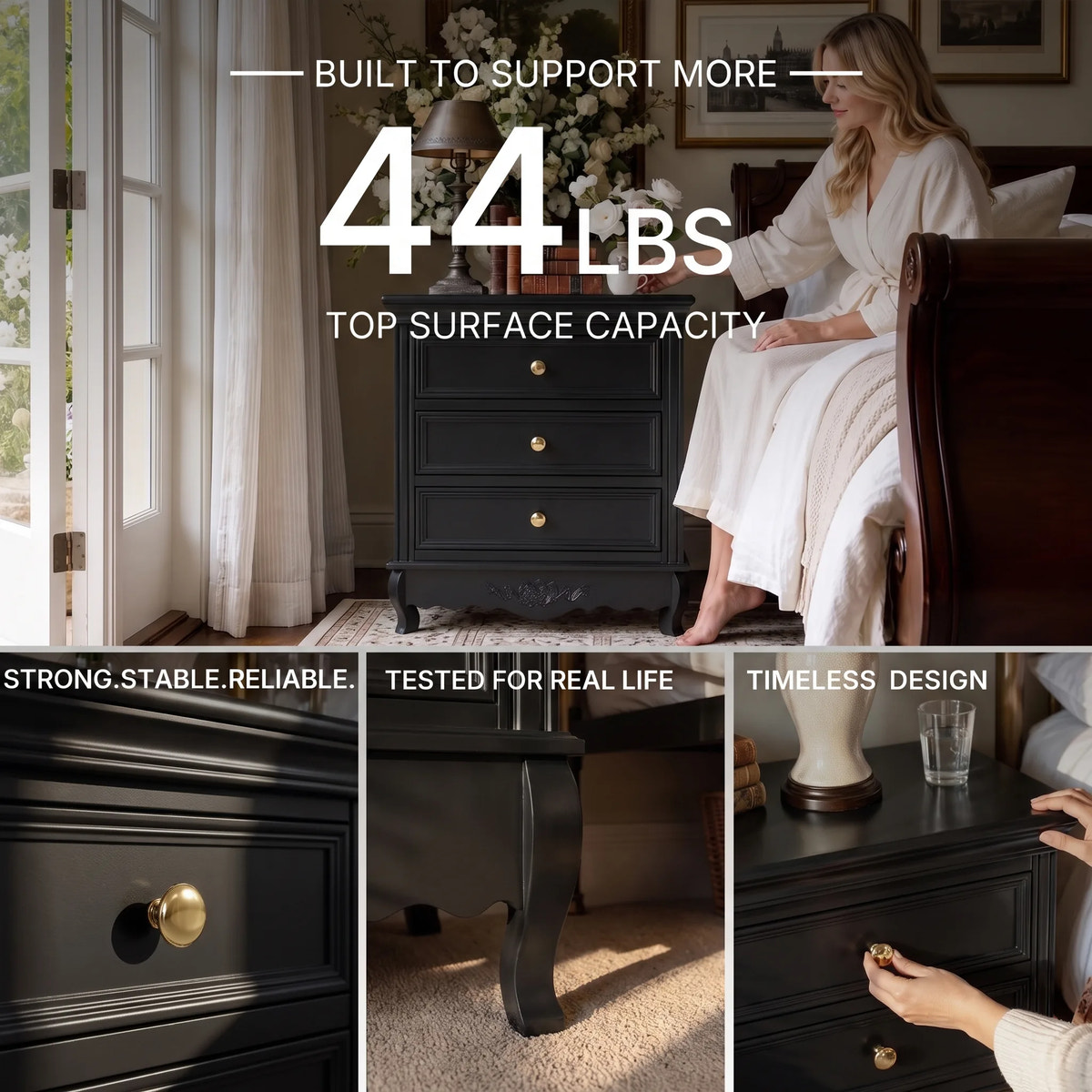 Black Classic 3-Drawer Nightstand with Metal Handles, Set of 2