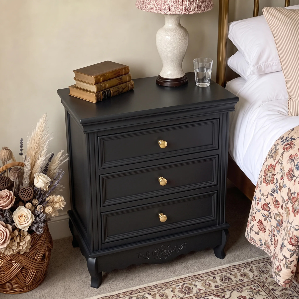 Black Classic 3-Drawer Nightstand with Metal Handles, Set of 2