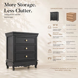 Black Classic 3-Drawer Nightstand with Metal Handles