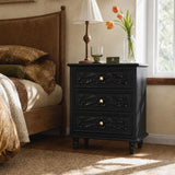 Black Carved 3-Drawer Nightstand with Metal Handles, Set of 2