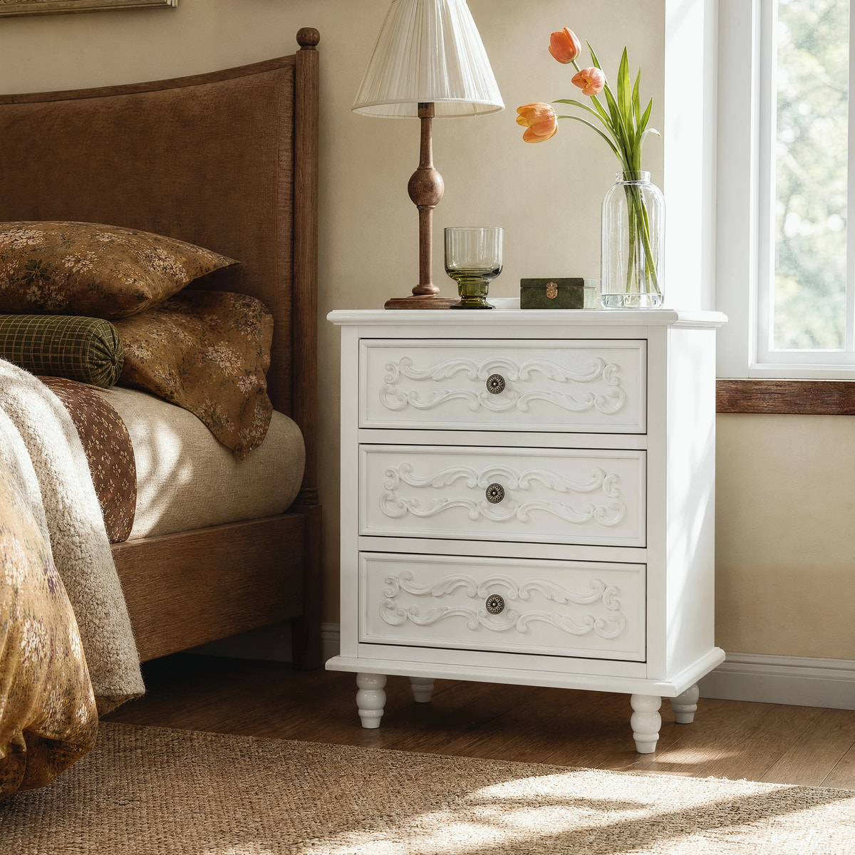 White Carved 3-Drawer Nightstand with Metal Handles