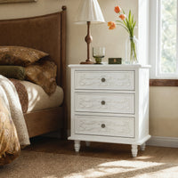 White Carved 3-Drawer Nightstand with Metal Handles