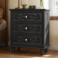 Black Carved 3-Drawer Nightstand with Metal Handles, Set of 2