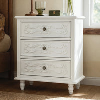 White Carved 3-Drawer Nightstand with Metal Handles