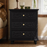 Black Carved 3-Drawer Nightstand with Metal Handles, Set of 2