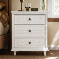 White Carved 3-Drawer Nightstand with Metal Handles