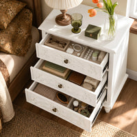White Carved 3-Drawer Nightstand with Metal Handles