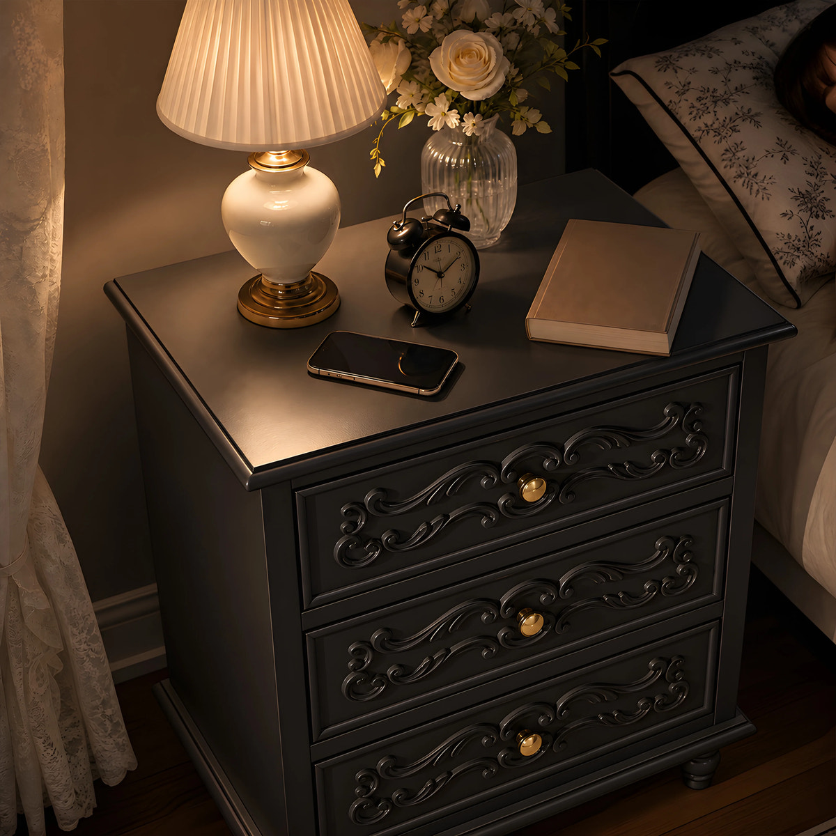 Black Carved 3-Drawer Nightstand with Metal Handles, Set of 2