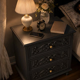 Black Carved 3-Drawer Nightstand with Metal Handles, Set of 2