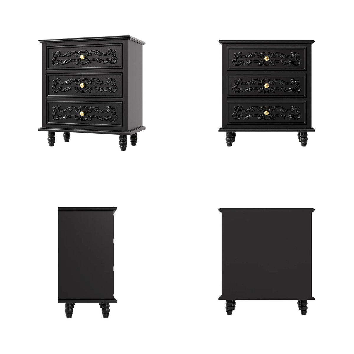 Black Carved 3-Drawer Nightstand with Metal Handles, Set of 2