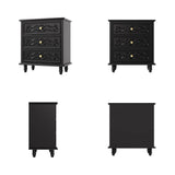 Black Carved 3-Drawer Nightstand with Metal Handles, Set of 2