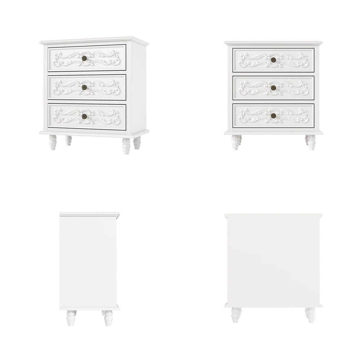 White Carved 3-Drawer Nightstand with Metal Handles
