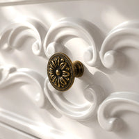 White Carved 3-Drawer Nightstand with Metal Handles