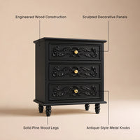 Black Carved 3-Drawer Nightstand with Metal Handles, Set of 2