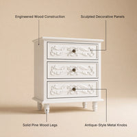 White Carved 3-Drawer Nightstand with Metal Handles