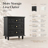 Black Carved 3-Drawer Nightstand with Metal Handles, Set of 2