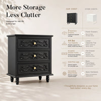 Black Carved 3-Drawer Nightstand with Metal Handles, Set of 2