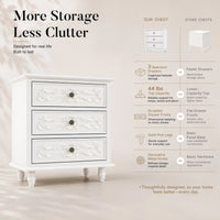 White Carved 3-Drawer Nightstand with Metal Handles