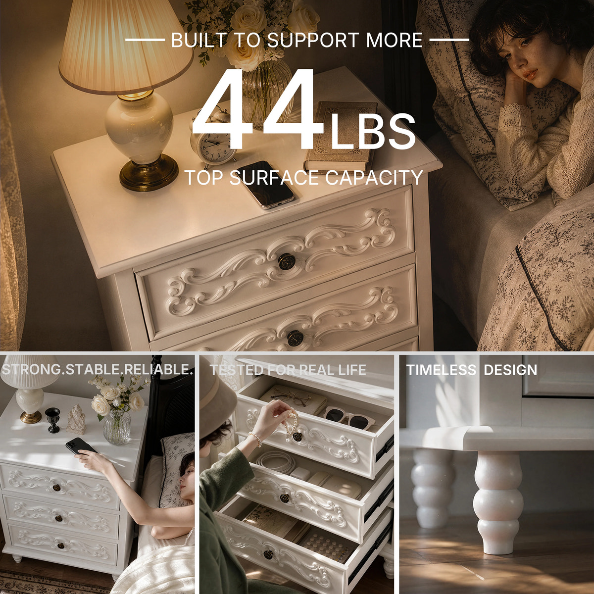 White Carved 3-Drawer Nightstand with Metal Handles